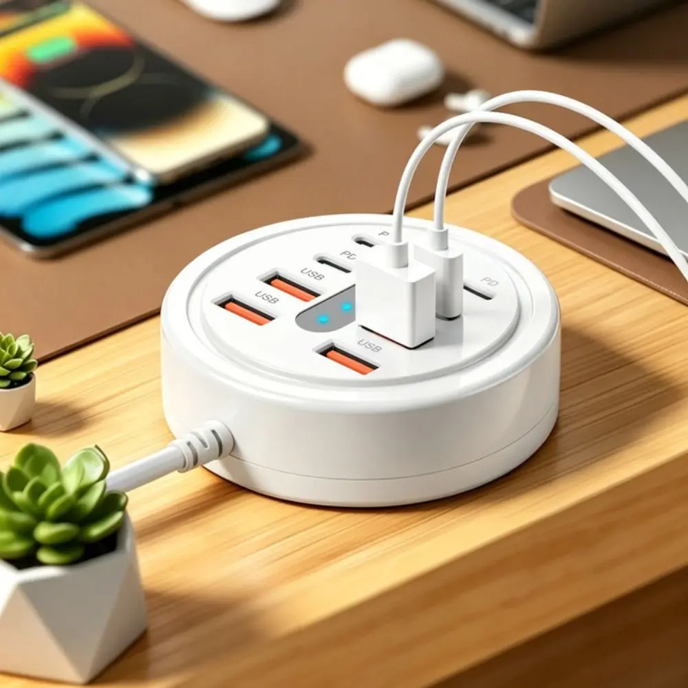 66W Power USB-C Fast Charger 4USB+4Type C 8-In-1 Design Mobile Phone Charging Plug-in Desktop Round Shape