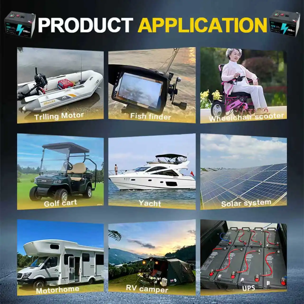 Alto 🍂 Batería LiFePO4 de calidad 12V 200Ah, 🤸 Ciclo profundo recargable con BMS para scooters, energía solar, fuera de la red, buscador de peces