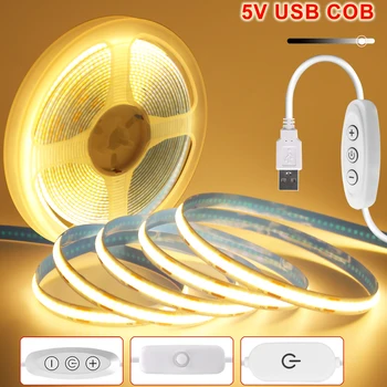 밝기 조절 가능한 COB LED 스트립 조명, 유연한 LED 테이프, 온 오프 스위치, 320LED 고밀도 선형 조명, 접착 테이프 포함, 5V USB