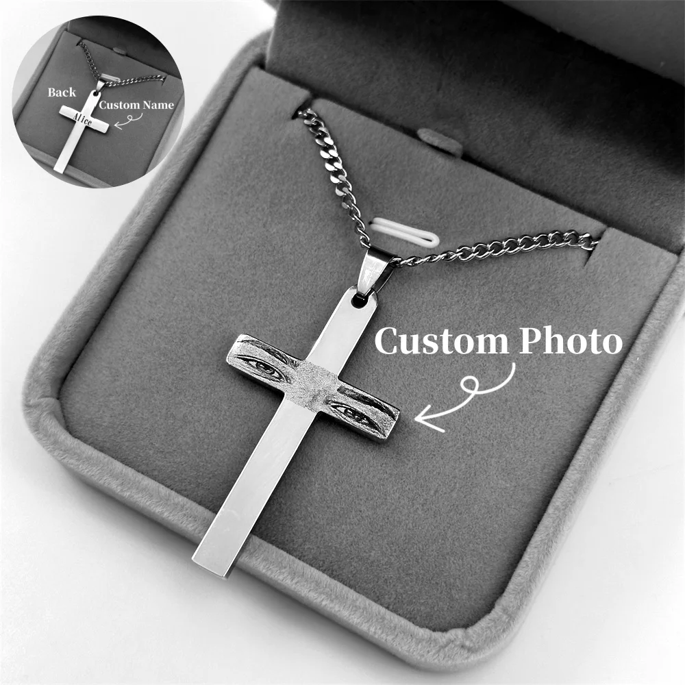 1 Piece Custom Eye's Photo Necklace 316L Stainless Steel Cross Pendant Laser Engraving Name Necklace For Man Women Gifts