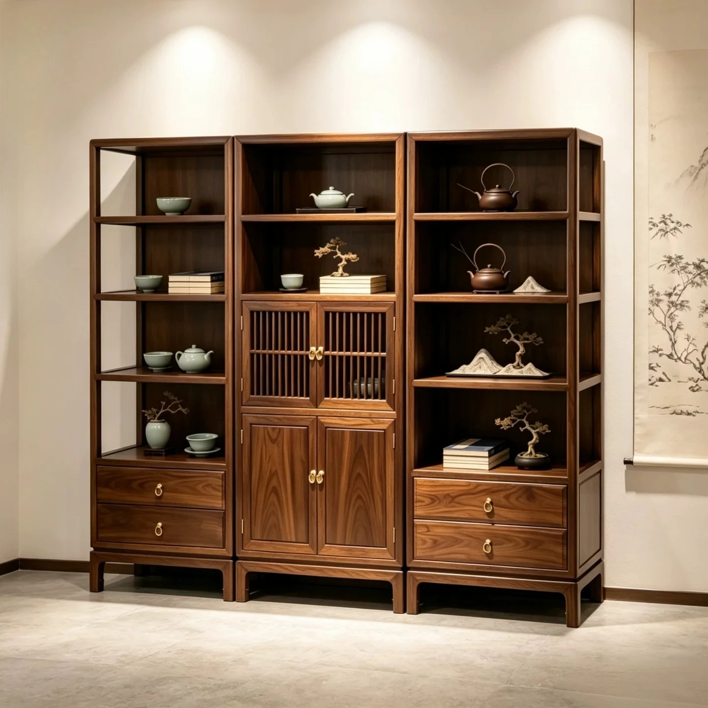 New Chinese Solid Wood Black Walnut Duobao Ge Aesthetic Tea Room Multi-layer Layered Shelf Storage