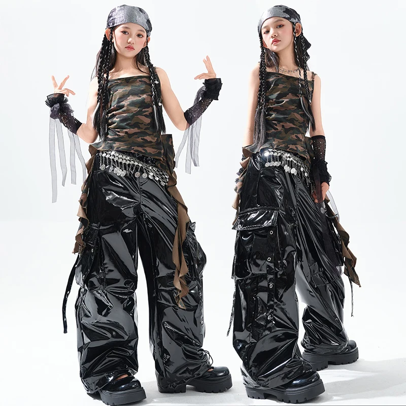 新しい女の子ジャズダンス衣装迷彩ベストレザーパンツ子供社交ダンス服子供ヒップホップ服 SL13552