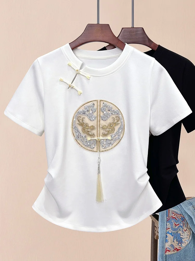 T-shirt ort Sve in puro cotone ricamato bianco da donna New Chinese Sle Button up Top Summer High End Sensation