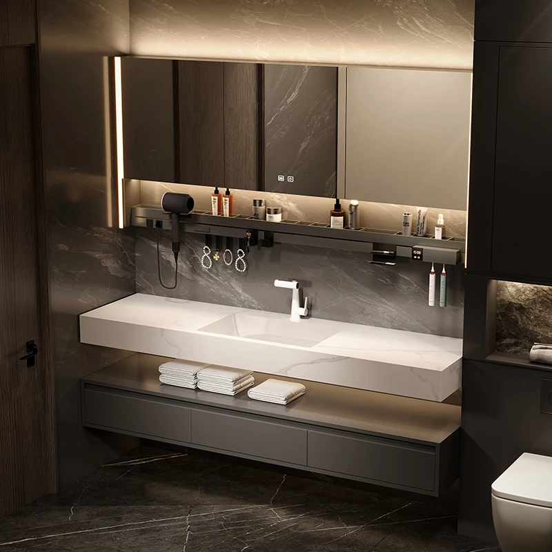 Bathroom Cabinet Combination Vanity, Seamless Ceramic Rock Slab Integrated Bathroom, Hotel Style, Customizable Size