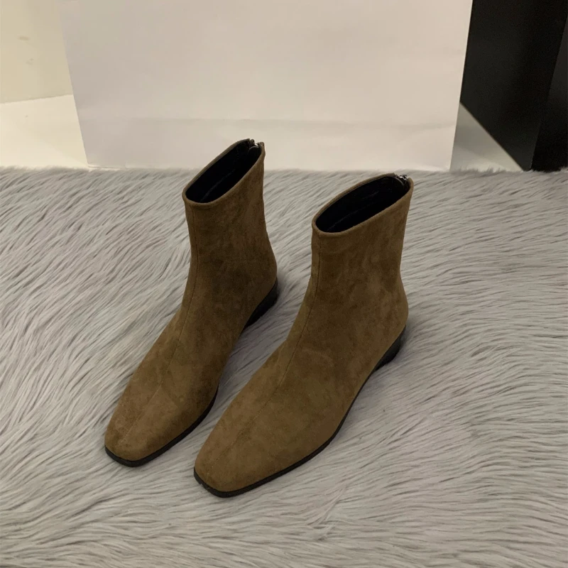 2025 Peach-colored Back-Zip Nude Boot - Fashion Square-Toe - Fall/Winter Style - High Heel - Women's Elegant - Tight Short Boot