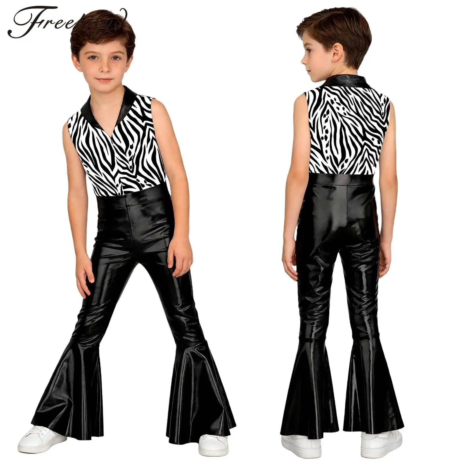 

Boys Sleeveless Metallic Shiny Zipper 70s Disco Dance Bell-bottom Jumpsuit Halloween Carnival Hippie Cowboy Cosplay Costume