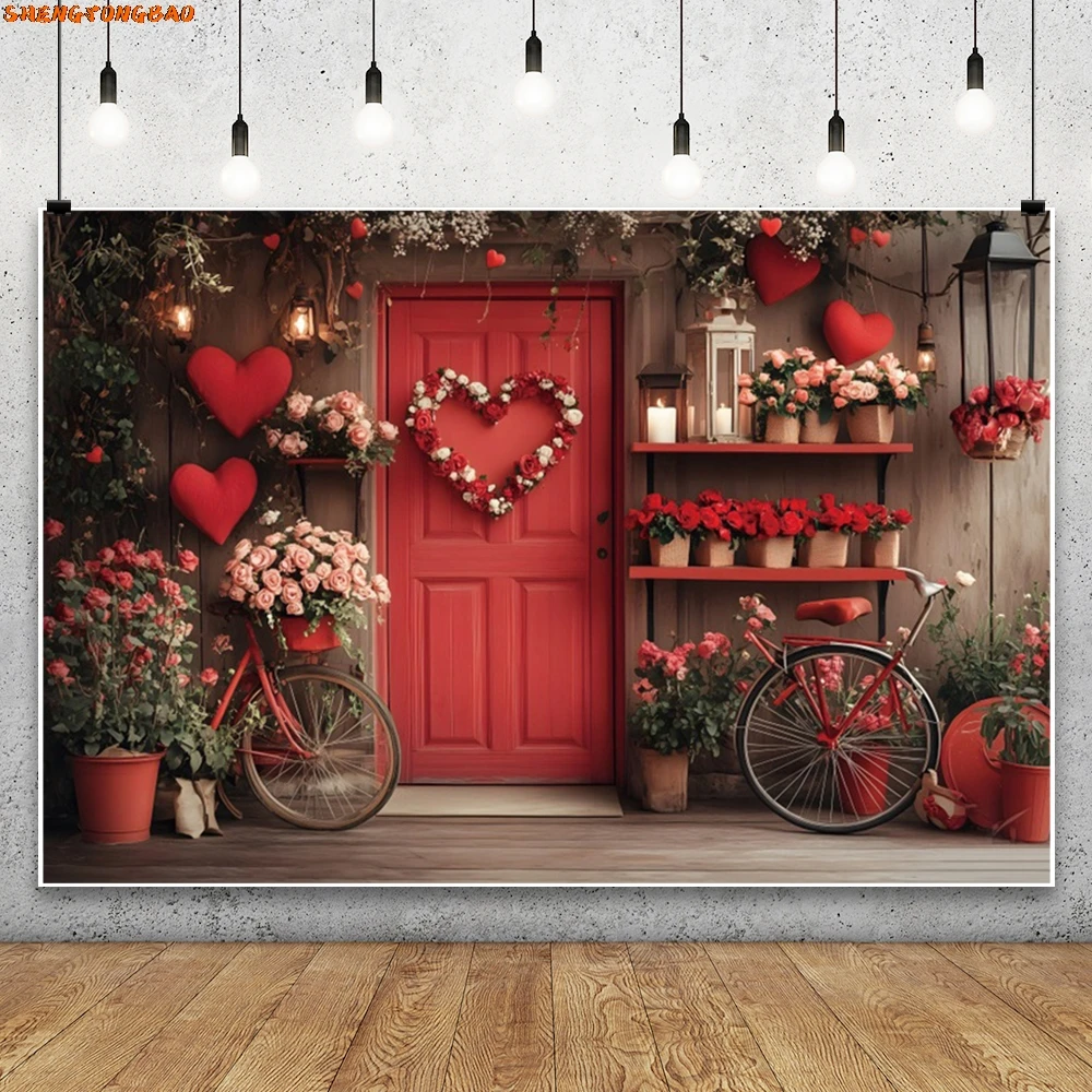 Valentine's Day Red Wooded Door Backdrop Pink Rose Love Heart Wedding Party Bridal Shower Backdrops for Photography Photocall
