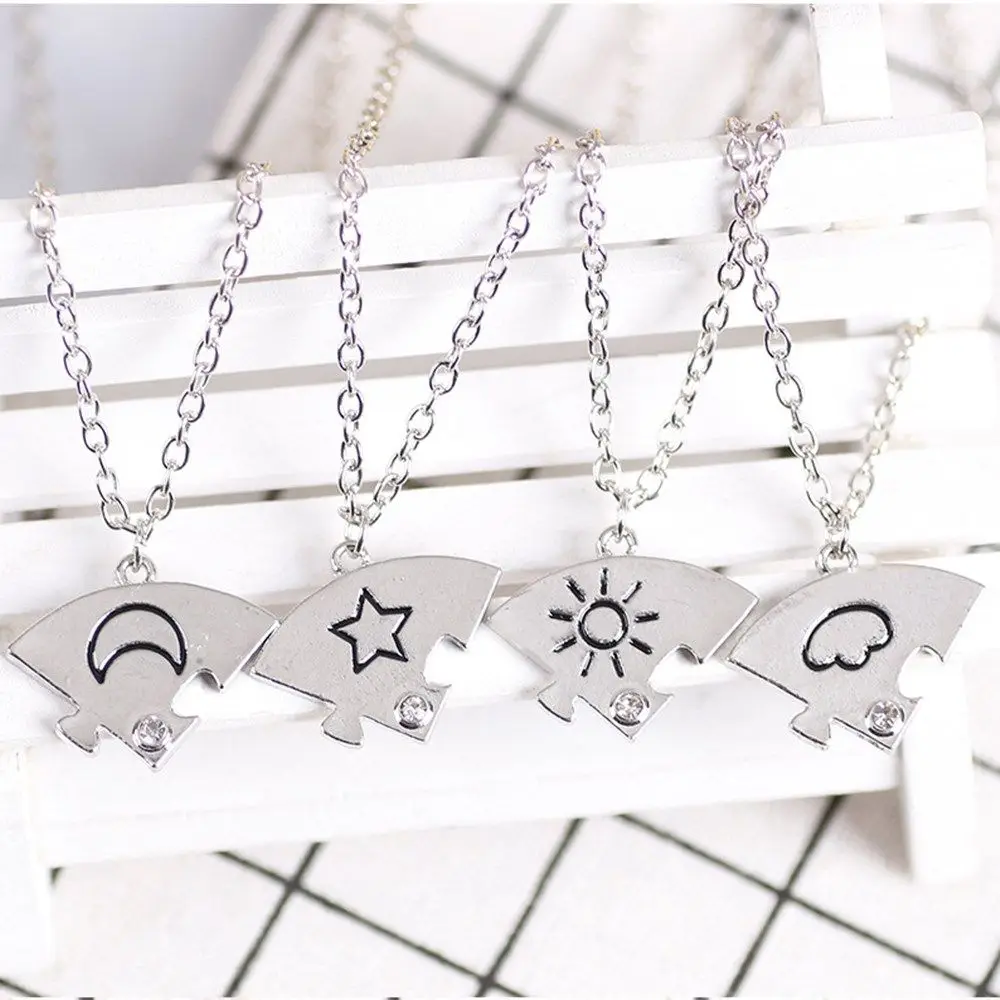 4 Piece Set Fashion Men Women Jewelry Inlaid Rhinestone Friendship Necklace Sun Moon Cloud Star Best Friend BFF Pendant