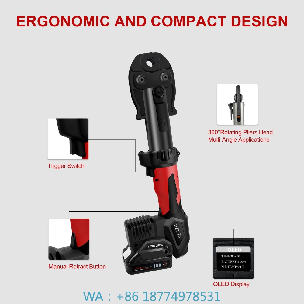 Copper Aluminum Terminal Electrical Tool Portable Cordless Crimping Tool 18V Lithium Battery Hydraulic