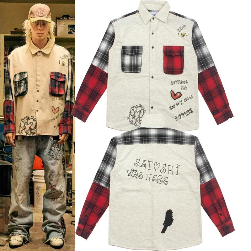 SATOSHI NAKAMOTO Men Long Sleeve Button Shirt Color Block Plaid Splice Graffiti Print Top