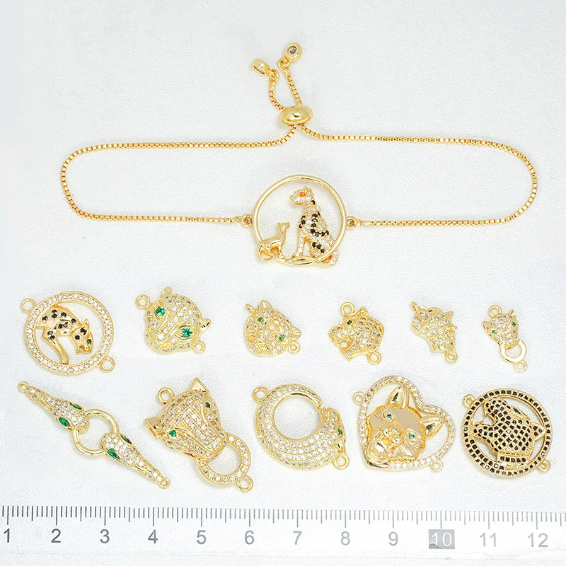 4 Pcs Pave Inlay Zircon Connector Diy Bracelet Necklace Pendant Jewelry Making Tiger Leopard Snake Brass Fittings Hollow Charm