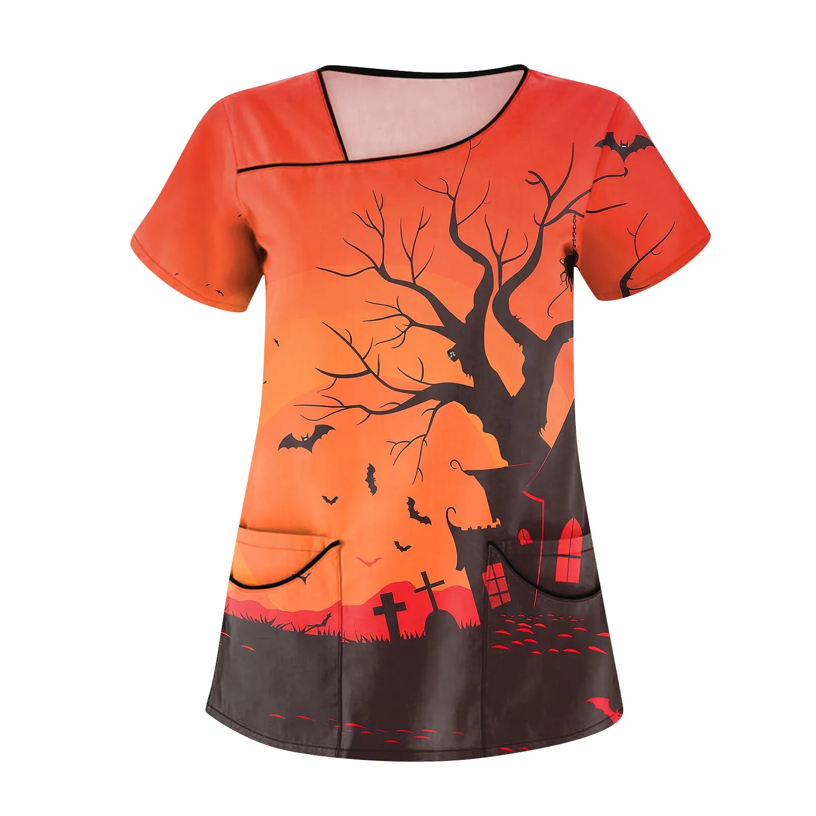女性用ハロウィンプリントナースユニフォーム、半袖Tシャツ、Vネックスクラブ、ブラウストップ、ポケットケアワークウェア、医療チュニック