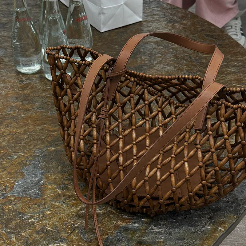 Summer Seaside Vacation Beach Women's Wooden Bead Woven Bag 2026 New Fashion Single Strap Shoulder Tote Bags