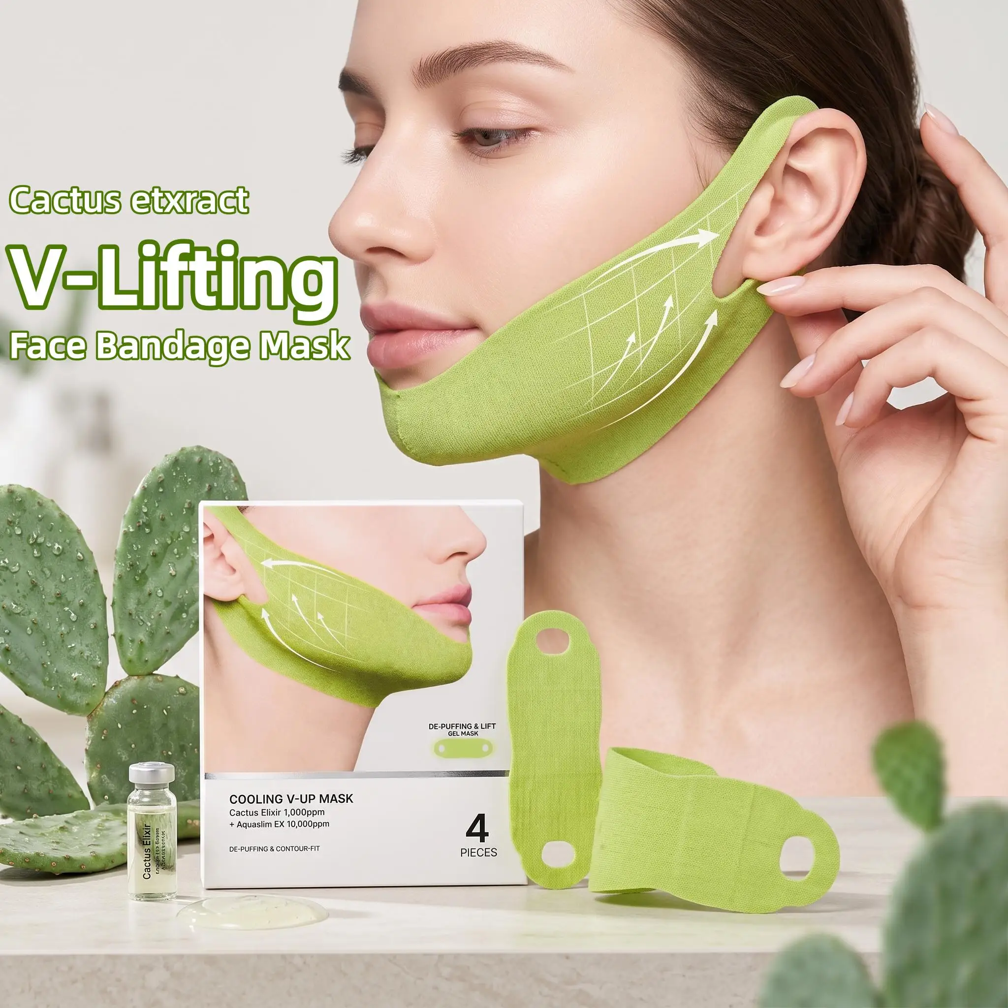 Cactus V-Lifting Face Band Cooling Mask Enhance Skin Firmness Reduce Puffiness Tightening Chin Line Remove Double Chin Face Mask