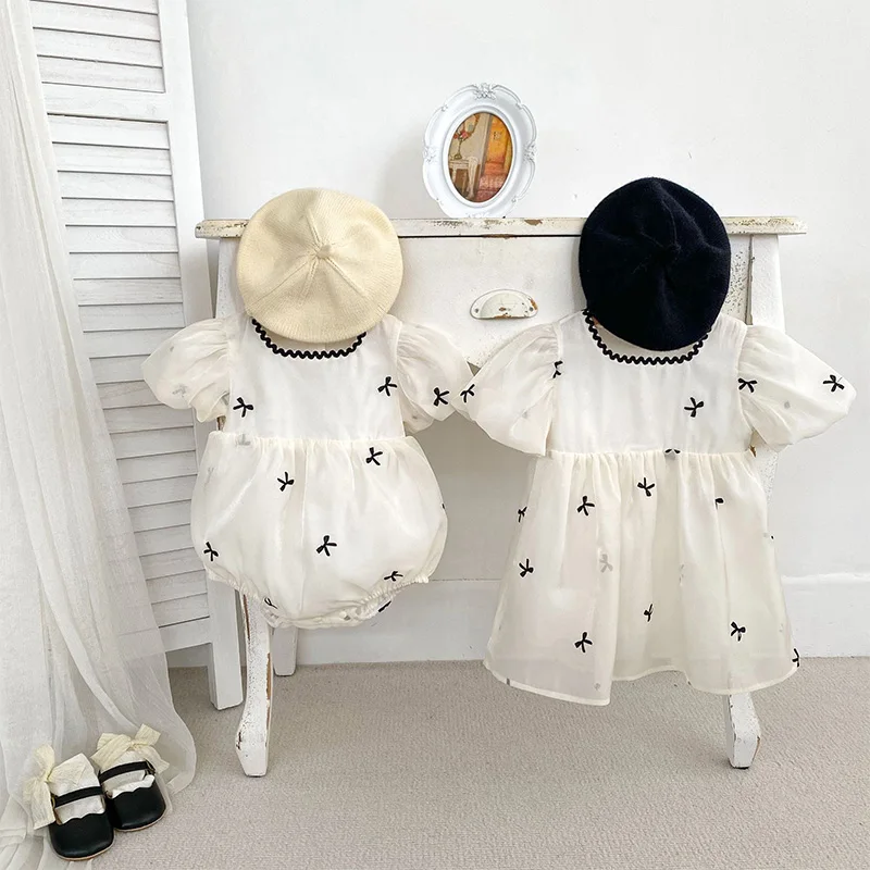 Summer Sisters Baby Clothes Bow Puff Sleeves Girls Dress Newborn Romper Breathable Infant Jumpsuit Sweet Princess Clothing Gifts