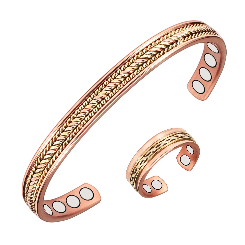 Wollet Tri-Color Copper Bracelets Rings Set for Women, Copper Bracelet Ring with Magnets Adjustable Jewelry Gift