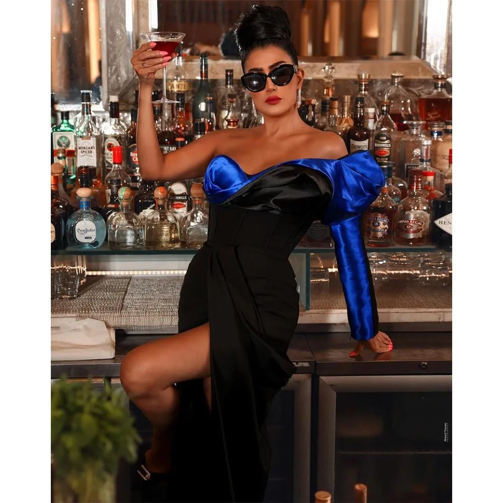 

Chic Women Evening Dresses Fashion Strapless One-Shoulder Prom Gowns Elegant Side Slit Floor Length Cocktail Party Dresses