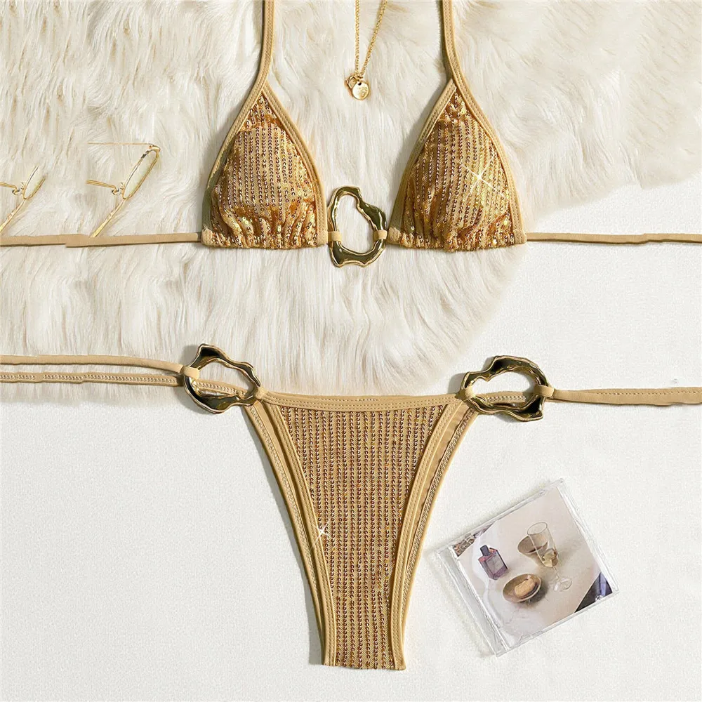

Gold Shining Glitter Swimwear Halter String Micro Bikini Thong Set Metal Ring Sexy Swimsuit Women 2026 Bikinis De Mujer Bathers