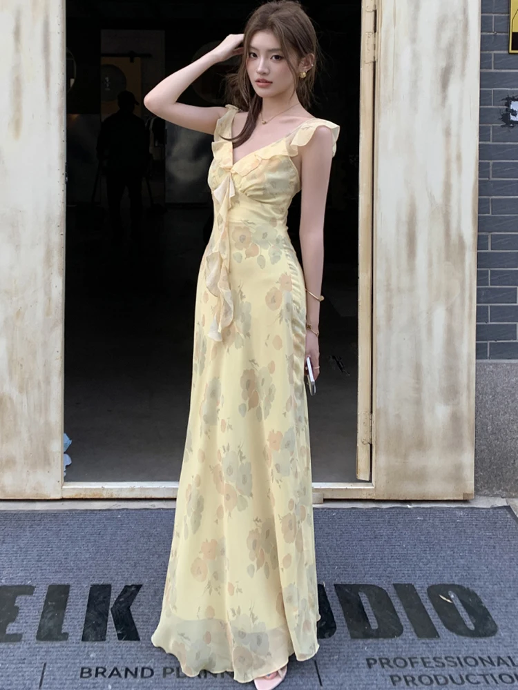 2025 ใหม่ดอกไม้ชีฟอง Chic Ruffled V คอชุดยาวเซ็กซี่ฤดูร้อน Boho Elegant ชุดนางเงือกผู้หญิงเกาหลีชุด Bodycon