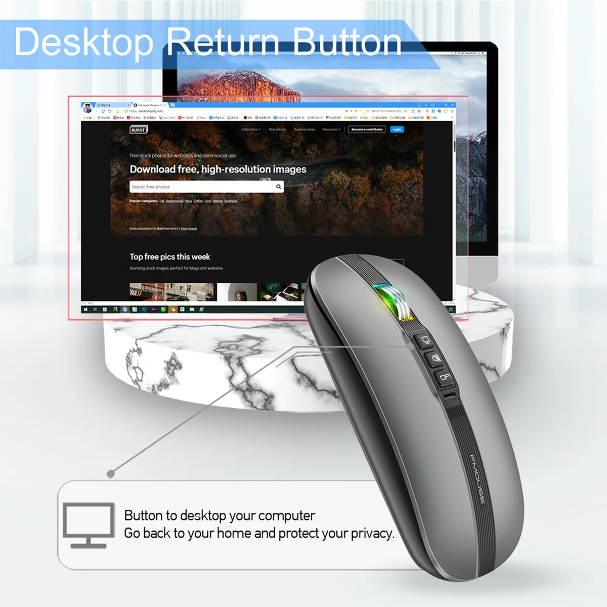 Dual Mode Mouse Silencioso Compatível com Bluetooth, USB 2.4G, 2400DPI, Silencioso, Mudo, Tipo-C, Carregamento para iPad, Matepad, Tab