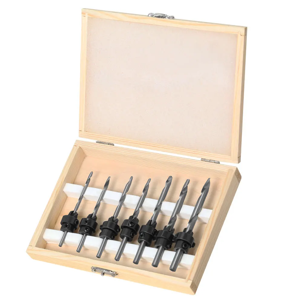 7PC/set High-speed Steel Wood Screw Countersunk Drill  7-piece Set Woodworking Taper drill, With Wood Box