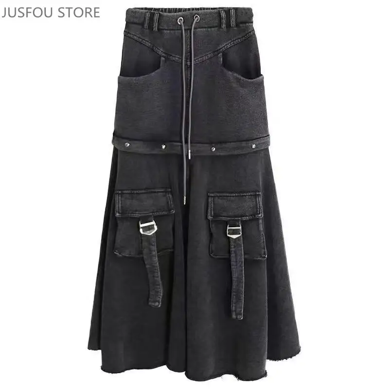 Pocket Splicing Slim Women's Skirt Casual Drawstring Detachable Two-Wear Denim Skirt, Versatile Chic Drapey Mid-Length Skirt
