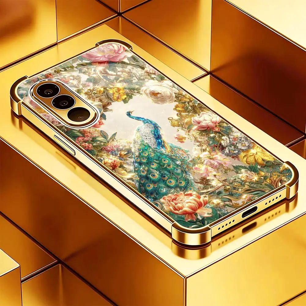 Luxury Peony Peacock Fashion Glass TPU QHD phone case for Samsung Galaxy S26 S25 S24 S23 S22 S21 FE,Ultra,Plus Dropresistant