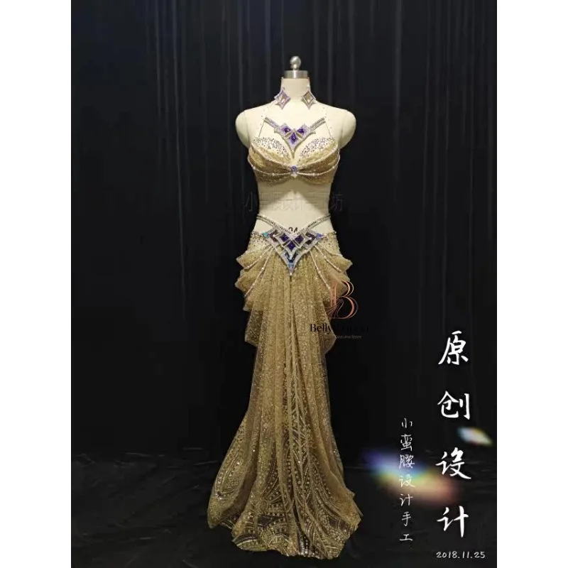 Customized Belly Dancewear Rhinestone Accessories Group Stage Suit Performance Costume Belly Dancing Bra Tassel Split Skirt Set
