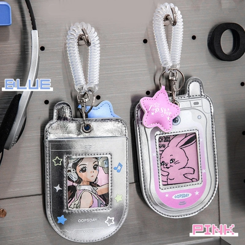 

1Piece Phone Shaped Photocard Holder with Pendant and Retractable Spring Coil Keychain, PU Card Sleeves, Hold 2-3 Cards