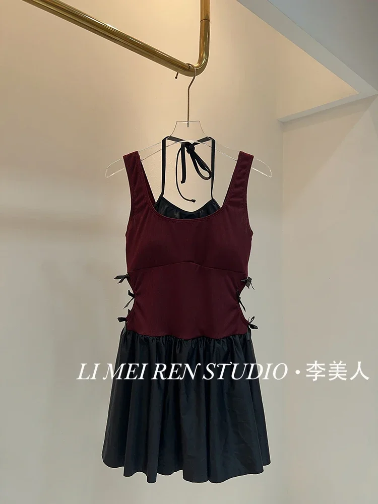 New neck hanging two-piece bow sexy burgundy skirt style one-piece swimsuit for women