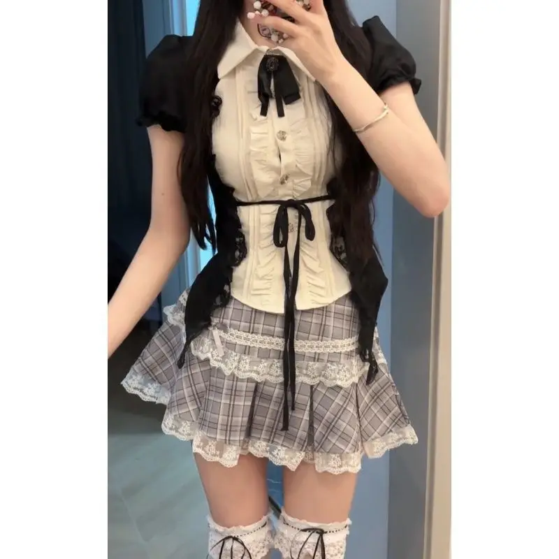 

Fashion Sweet Lace Short Sleeve 2 Piece Set Women Design Chic Lapel Bow Patchwork Tops + High Waist Slim Plaid Short Skirt New