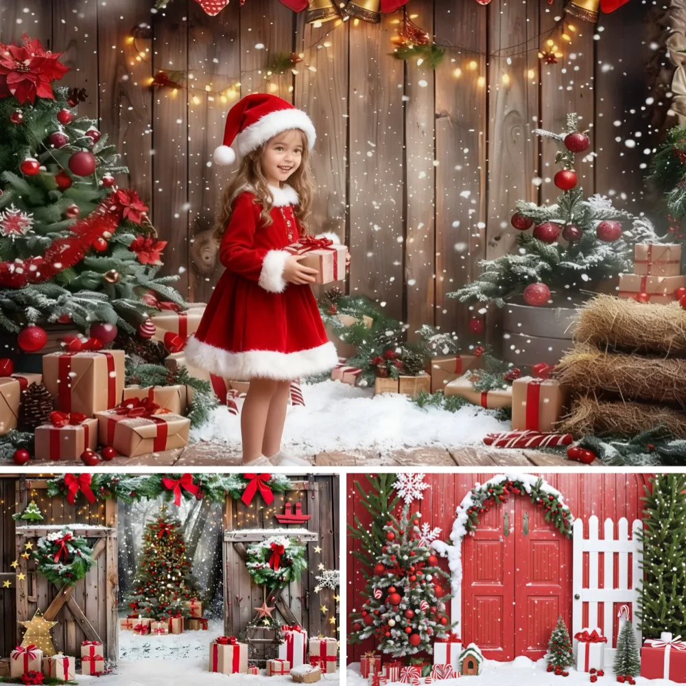 

Christmas Barn Door Photography Background Snowflake Wooden Door Wreath Xmas Tree Winter Family Party Photo Backdrop Banner