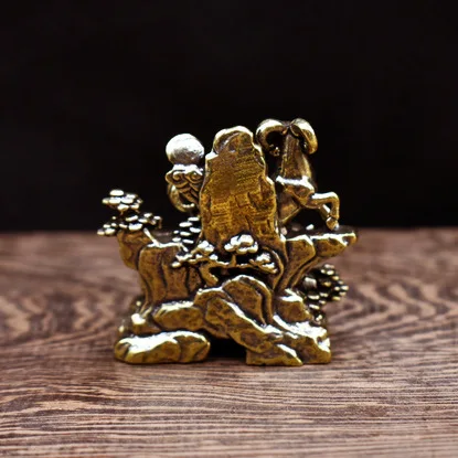 Vintage Brass Three Rams Figurine Metal Three Goats on Rock Statue Mini Desktop Ornament Chinese Style Collectible Decoration