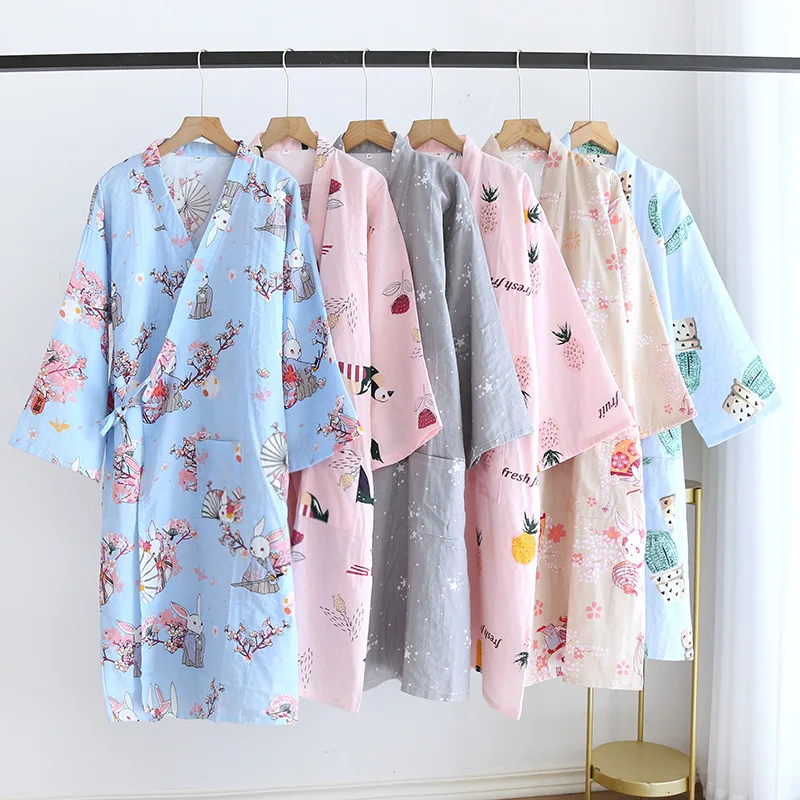 Spring Summer New Sexy Flower Fresh Kimono Robes Women Bathrobes 100% Gauze Cotton Japanese Female Casual Nightgowns Robes