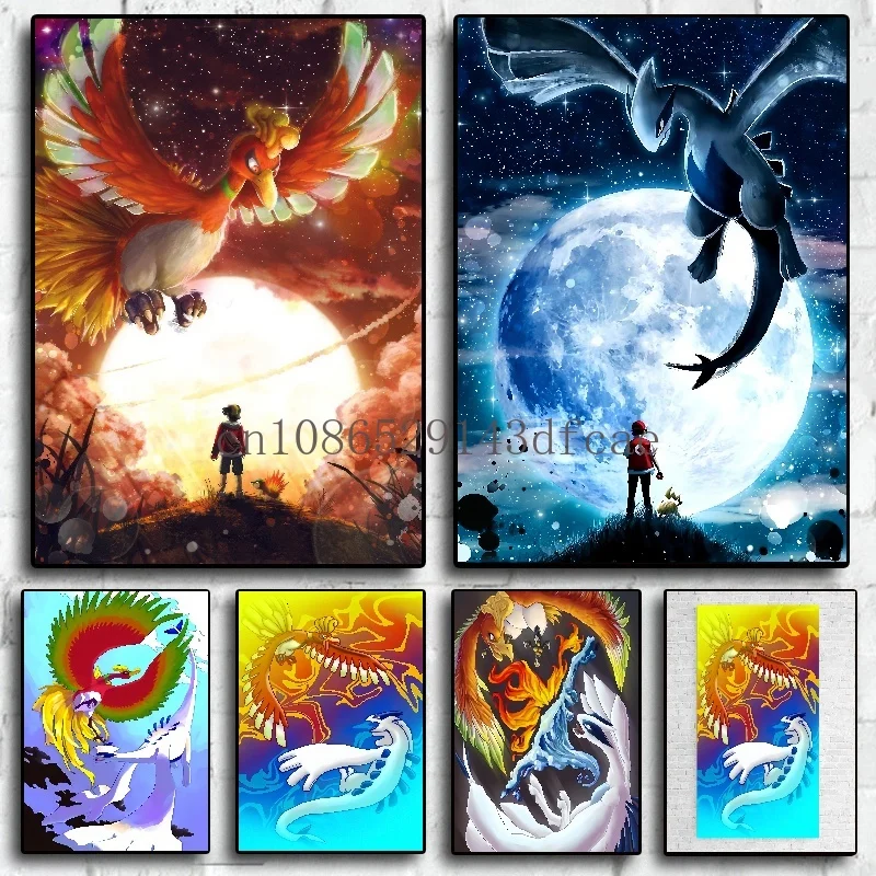 Japan Anime Pokemon Cartoon Canvas Painting Ho-Oh Lugia Wall Art Posters Print Pictures Children's Room Home Decor Gift