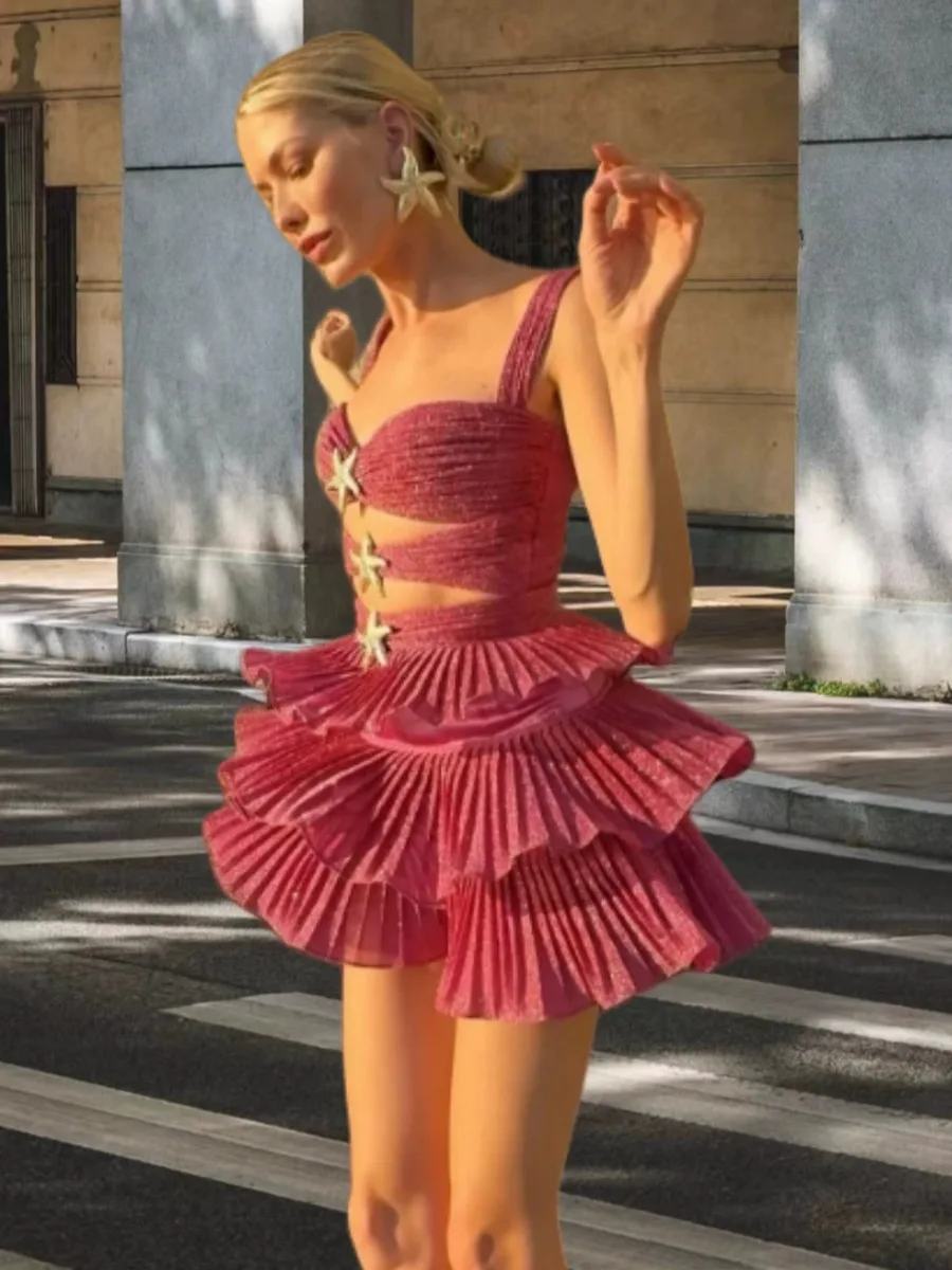 Abito corto a sirena Abito corto elegante da donna con fasciatura ritagliata senza maniche Halter a vita alta Mini abito a trapezio Moda HBJ8