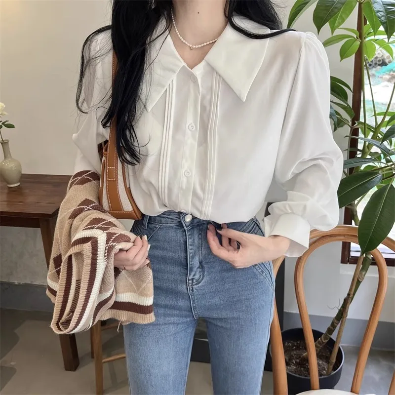 Women  White Sharp Point Collar Blouse Vertical Fine Pleats At Placket Puff Shoulder Long Sleeve Cuffed Cuffs Shirt