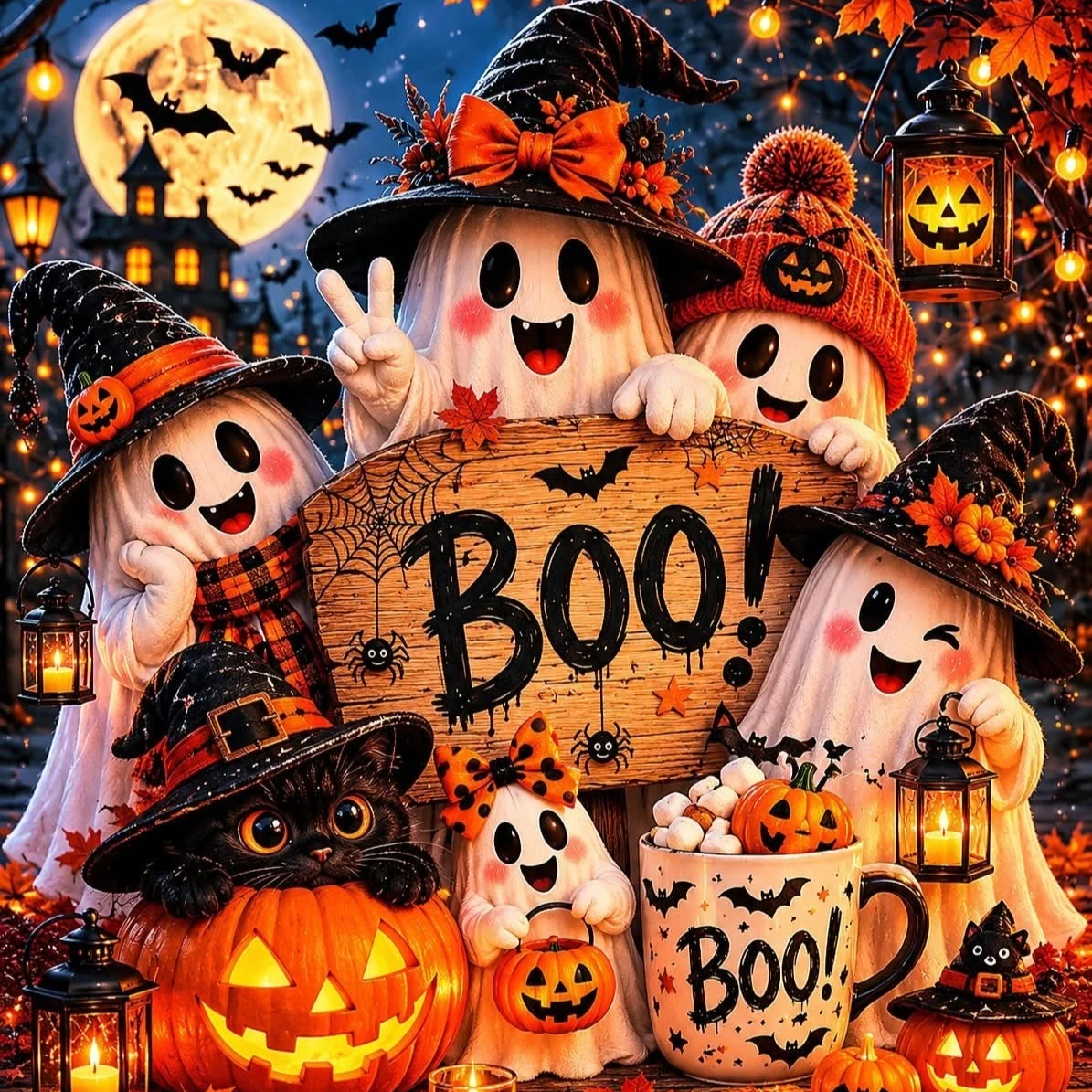 Spooky Cute Halloween Night Diamond Painting, Ghost Party with Pumpkin and Lantern Design, Diamond Painting Kit for Room Decor