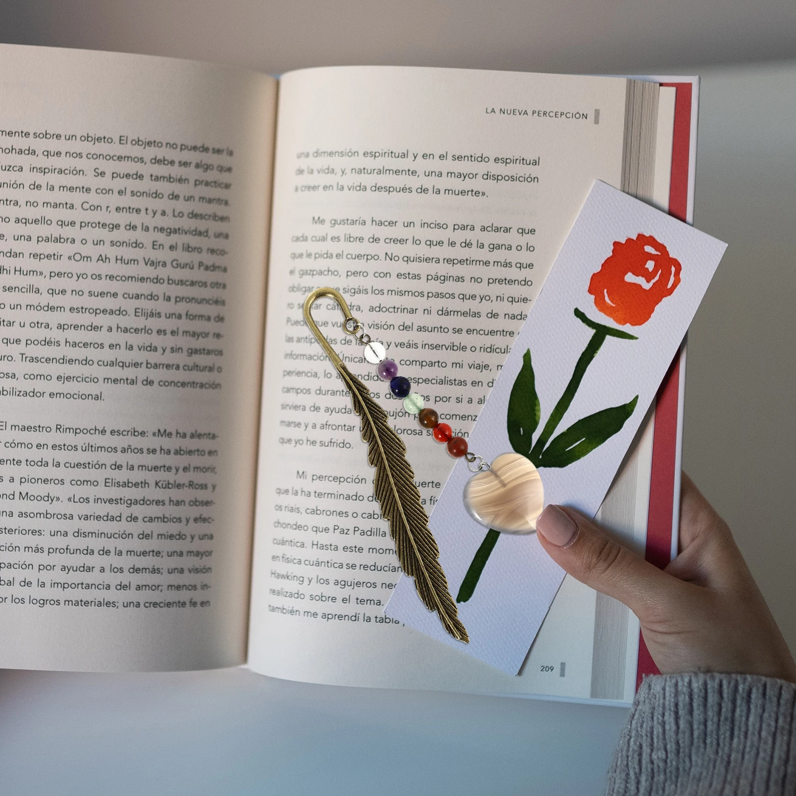 ที่คั่นหนังสือหินธรรมชาติพรีเมียม รูปทรงขนนกโลหะ ที่คั่นหน้าหนังสือตกแต่ง สำหรับนักอ่าน ของขวัญ สไตล์วินเทจ สีสันสดใส