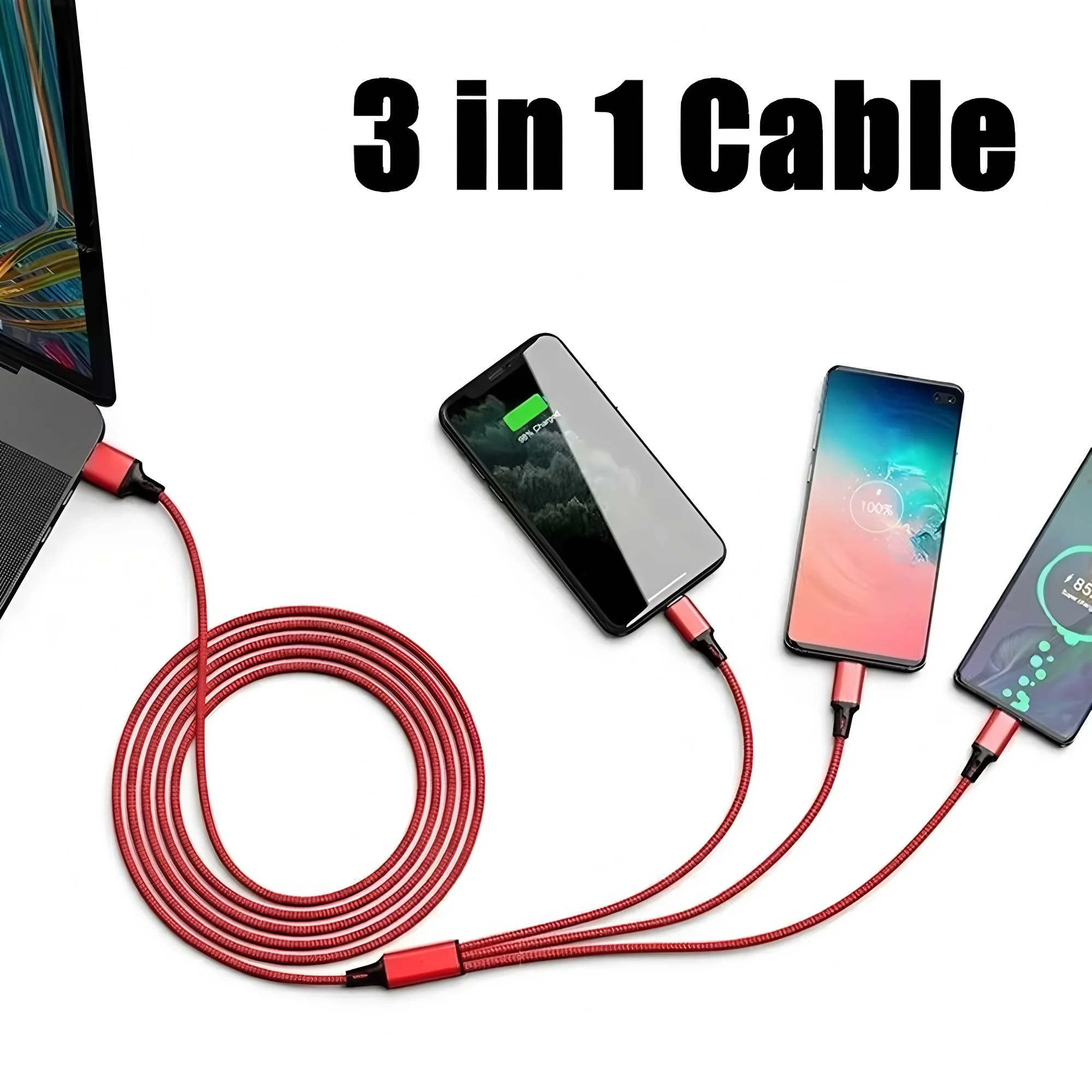 3 in 1 Multi-Port Micro USB Type C Fast Charging Cable For iPhone Samsung Huawei Xiaomi Redmi Honor Nylon Braided Cord 1.2M