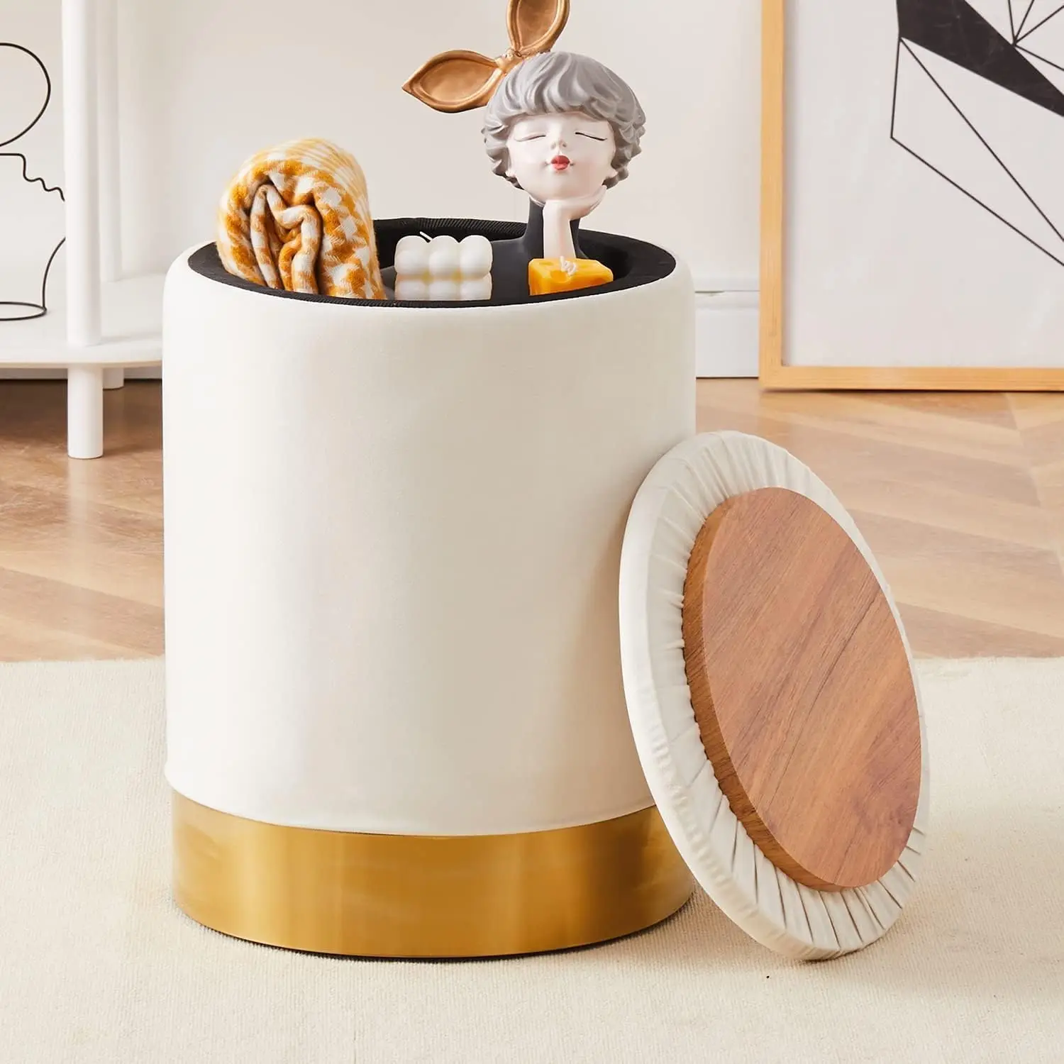 

Velvet Storage Ottoman Multipurpose Footrest Stool with Metal Base Modern Round Vanity Stool Chair Ottoman Foot Stools Support 3