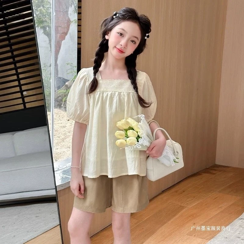 Girls' Summer Doll Dress Set2026New stylish summer outfit for older children, casual short-sleeve and shorts two-piece set