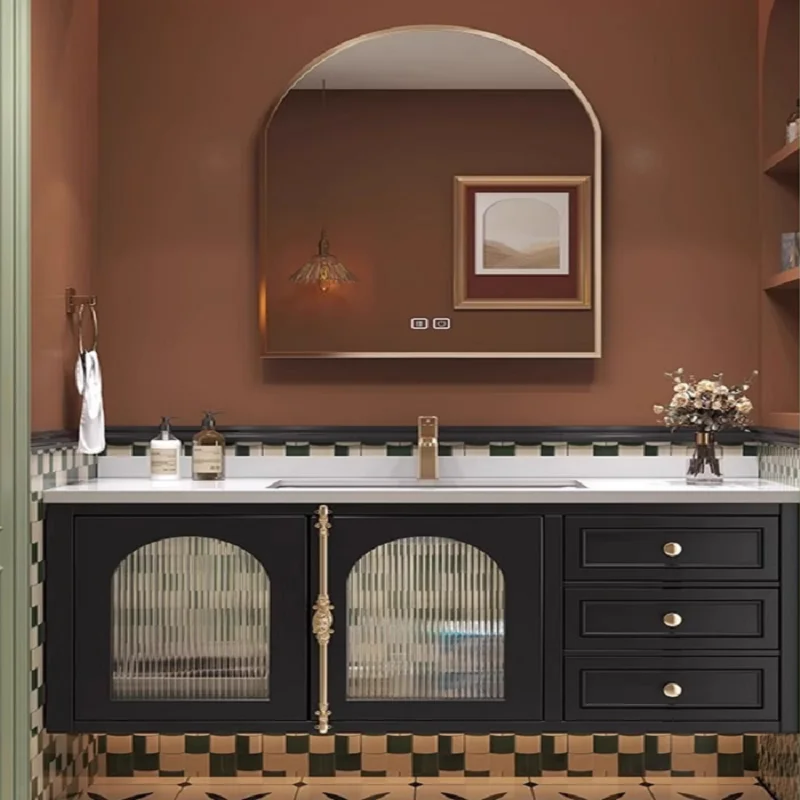 

Slate ceramic seamless double basin solid wood paint bathroom cabinet combination sink face wash table