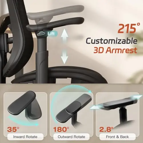 

Ergonomic High-Back Mesh Office Chair With Footrest, Lumbar Support, 215° Customizable 3D Armrests, 90°–120° Recline Lock