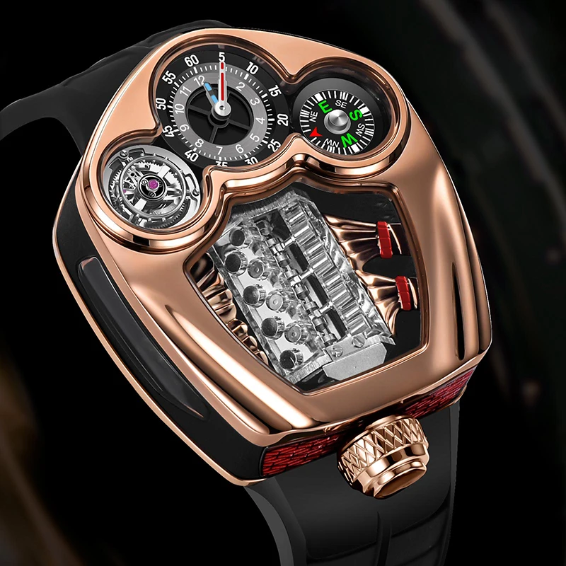 PINDU Design, camiseta nueva de marca, relojes de pulsera de cuarzo para hombre, motor, correa de silicona, brújula, reloj resistente al agua para hombre