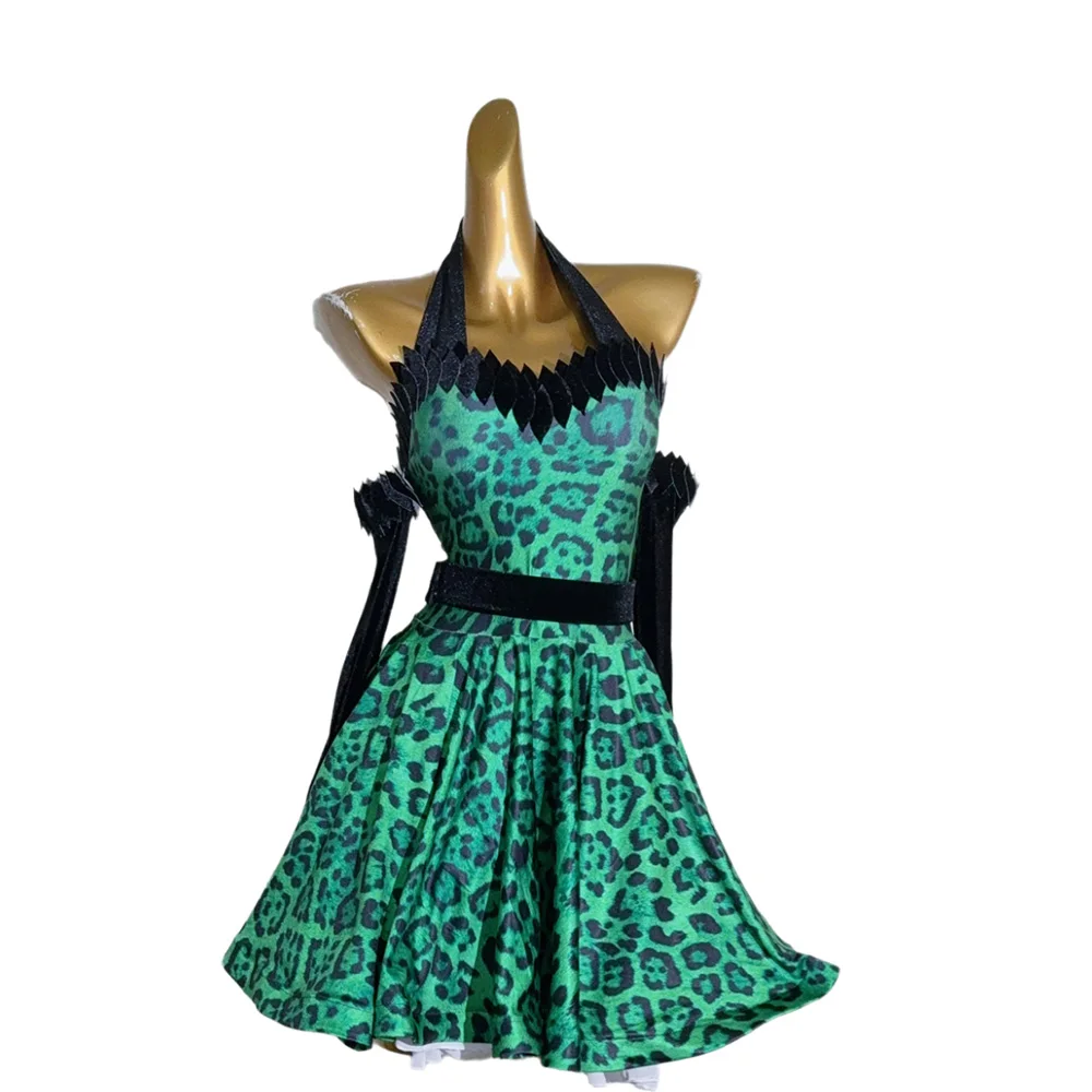 

Latin Dance AB Stone Female Adult Children High end Customized Green Leopard Dress Black Pool Samba Performance Dress
