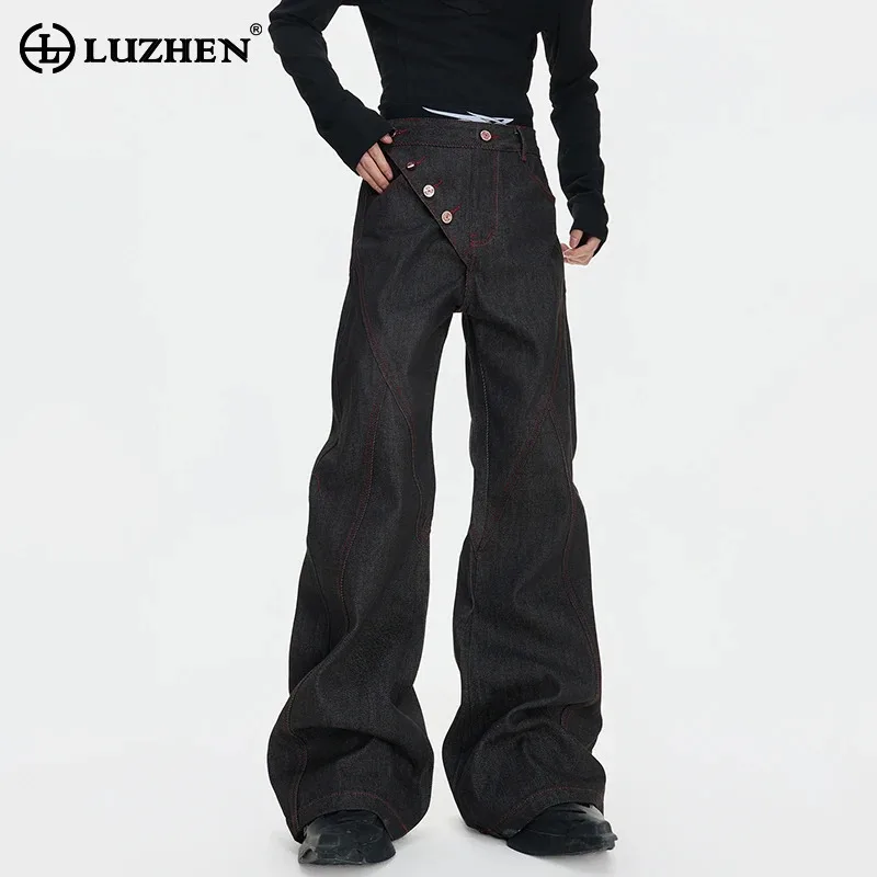 

Мужские джинсы LUZHEN 2026: Оригинальный дизайн с пуговицами и асимметричными вставками, прямые, модные, свободные, широкие штанины, деним JY6378