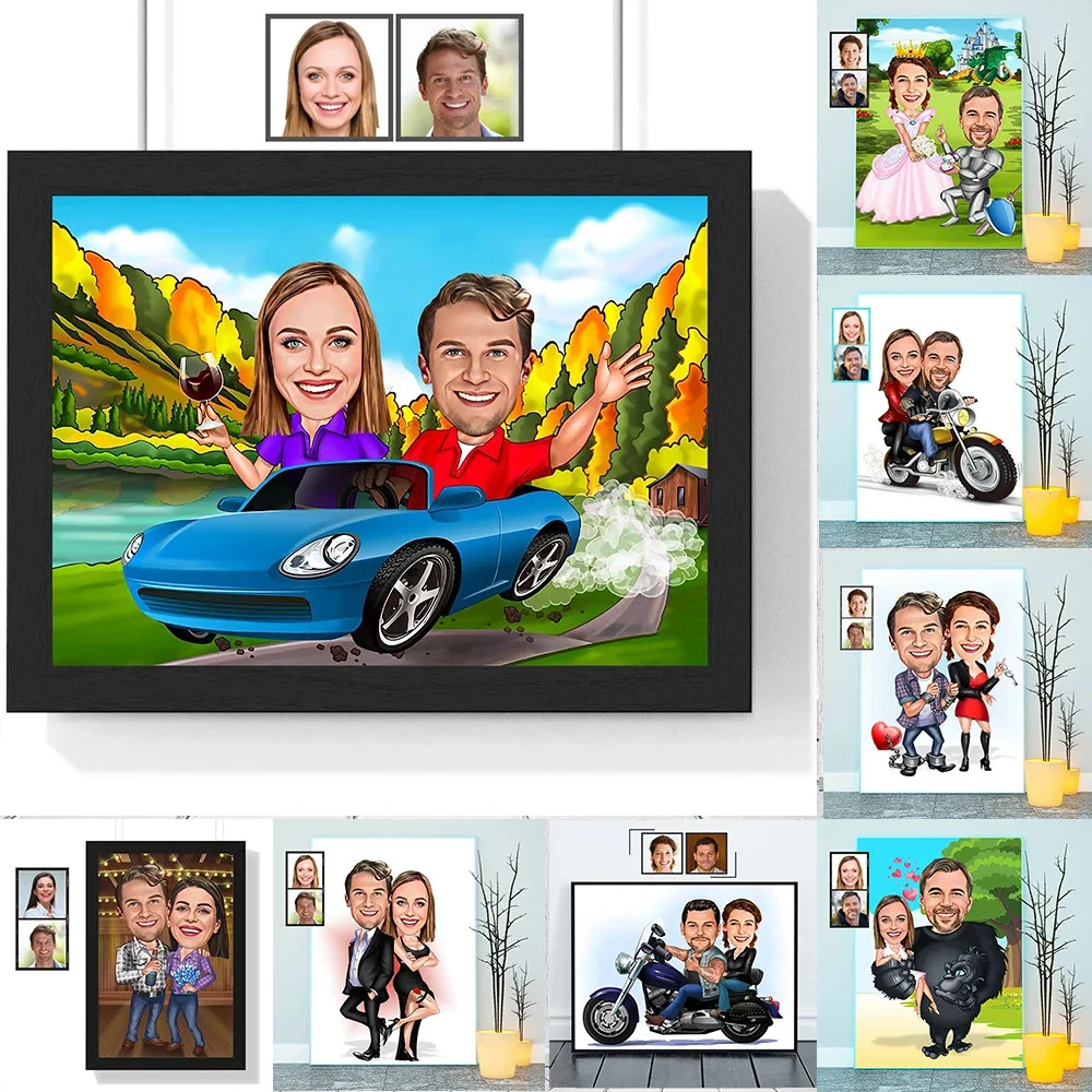 Custom Portrait Personalized Couple Caricature Posters and Prints Wall Art Painting for Forever Lovers Wedding Room Home Decor