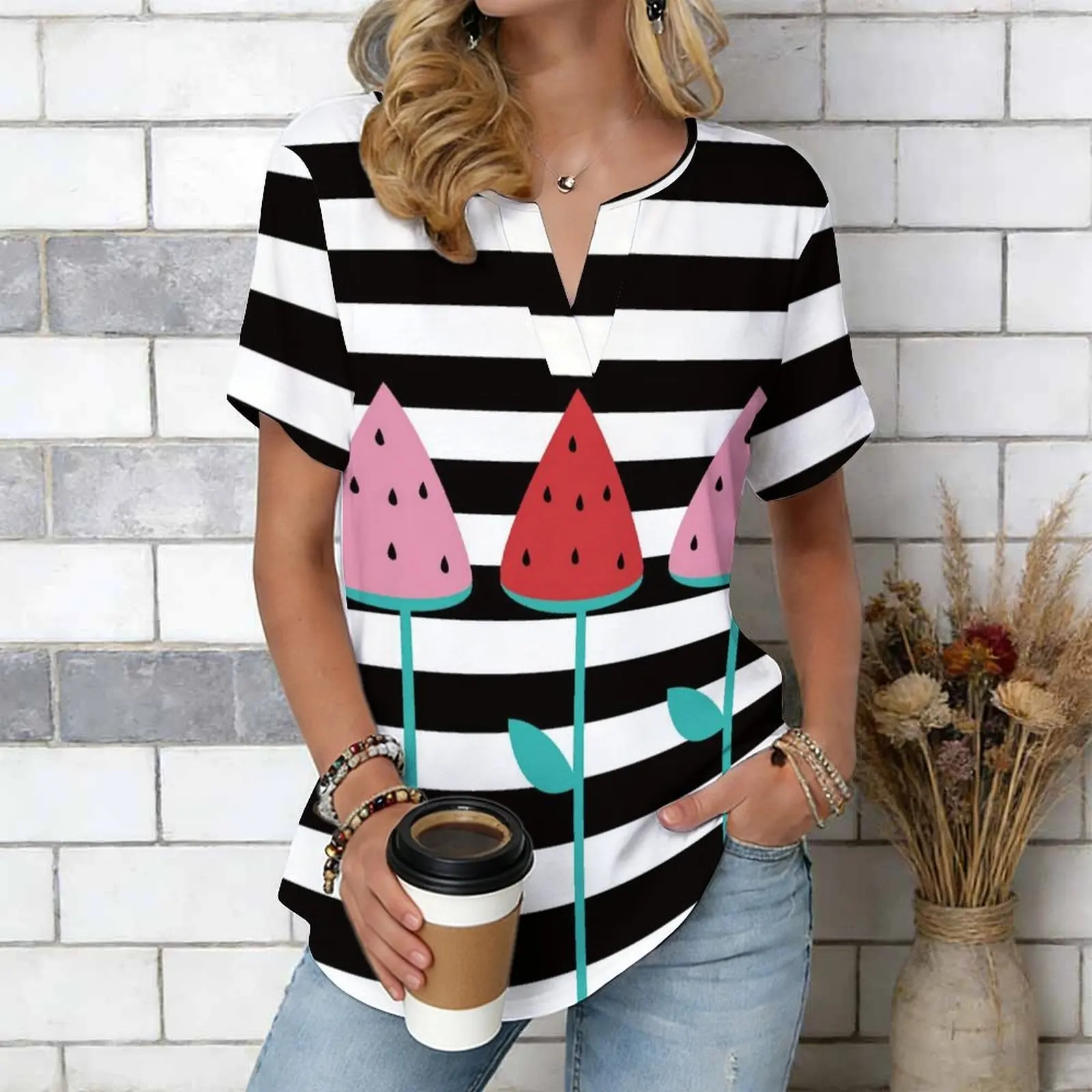 Women Print Notched V Neck Short Sleeve Casual Loose Tunic Tops
