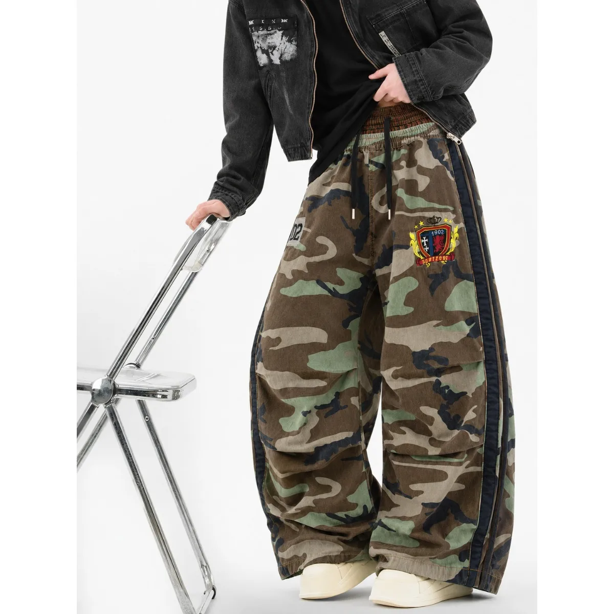 American Style Elastic Double Waist Head Design Embroidered Camouflage Work Pants Men Casual Straight Leg Long Pants